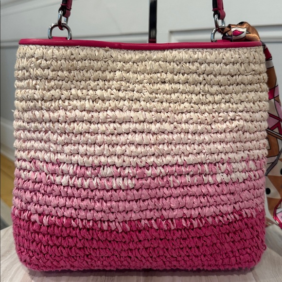 Michael Kors Bag Pratt Medium Pink Dragonfruit Ombré Straw Bucket Bag Rare - Picture 6 of 17